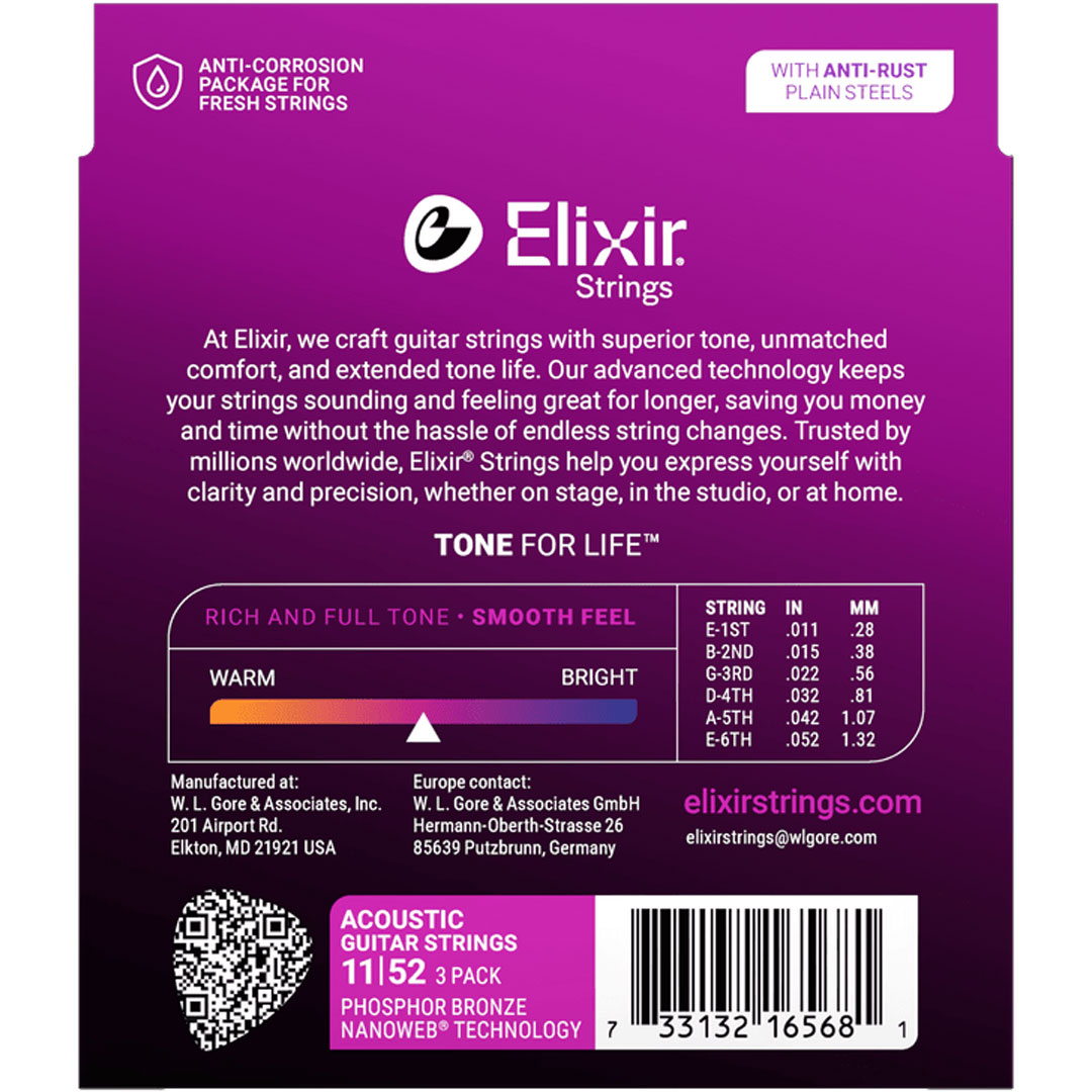ELIXIR 16568 NANOWEB PHOSPHOR BRONZE PACK 3 MUTE PER CHITARRA ACUSTICA 11-52