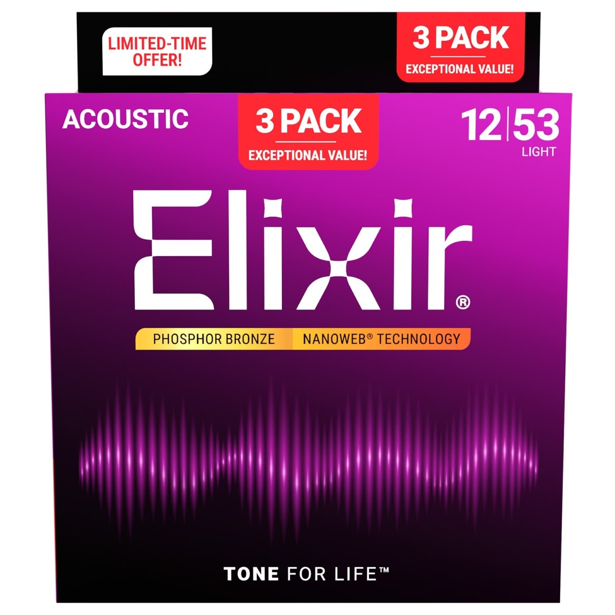 ELIXIR 16569 NANOWEB PHOSPHOR BRONZE PACK 3 MUTE PER CHITARRA ACUSTICA 12-53