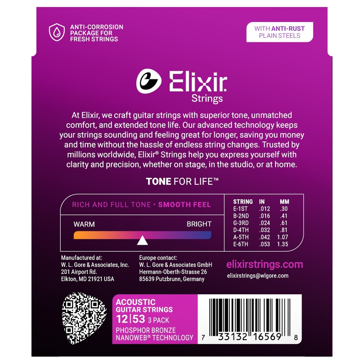 ELIXIR 16569 NANOWEB PHOSPHOR BRONZE PACK 3 MUTE PER CHITARRA ACUSTICA 12-53
