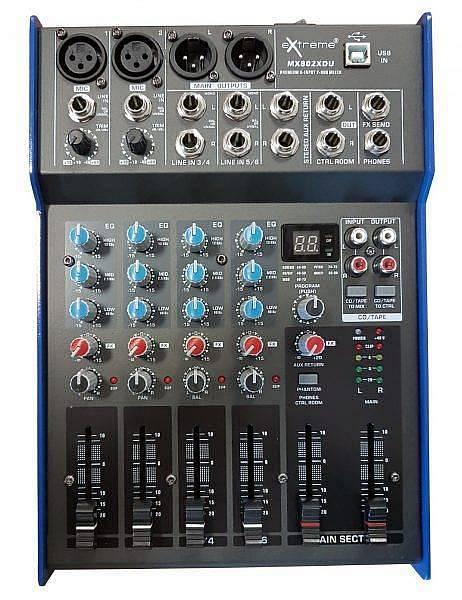 EXTREME MX802XDU MIXER 4 CANALI COMPATTO PER LIVE PHANTOM POWER +48V OUT XLR + EFFETTI DSP + USB