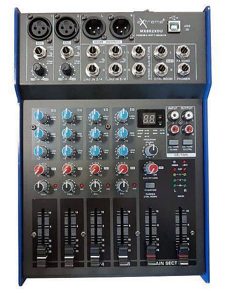 EXTREME MX802XDU MIXER 4 CANALI COMPATTO PER LIVE PHANTOM POWER +48V OUT XLR + EFFETTI DSP + USB