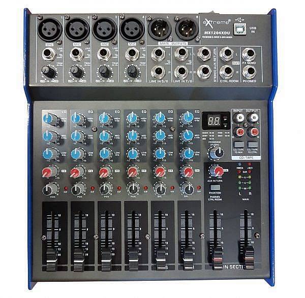 EXTREME MX1204XDU MIXER 8 CANALI COMPATTO PER LIVE PHANTOM POWER +48V MAIN OUT XLR + EFFETTI + USB