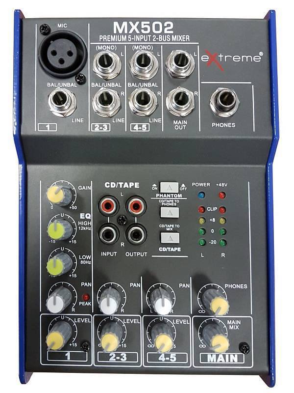 Extreme MX502 MIXER 3 CANALI COMPATTO PER LIVE PHANTOM POWER +48V + CD TAPE IN E OUT