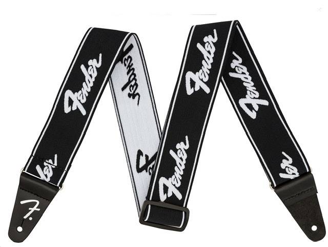 Fender WeighLess™ Running Logo Strap, Black/White, 2"