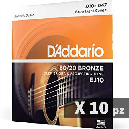 D'Addario EJ10 80/20 Bronze - Bundle 10 Set di corde per chitarra acustica Extra Light, 10-47