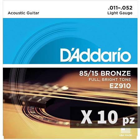 D'Addario EZ 910 Light 11-52 set, bundle di 10 mute di corde per chitarra acustica
