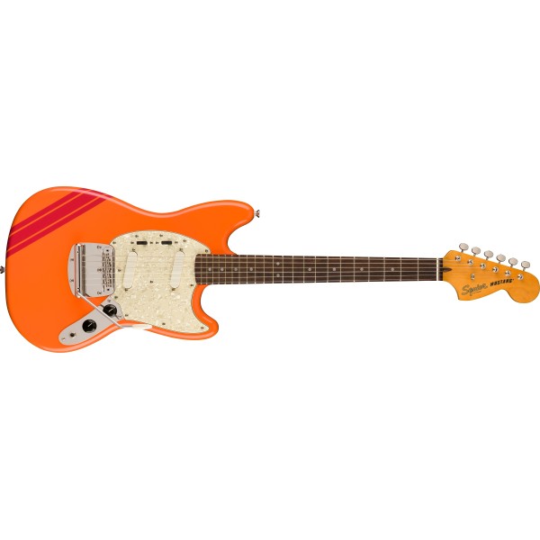 Squier FSR Classic Vibe '60s Competition Mustang, Laurel Fingerboard, Parchment Pickguard, Capri Orange with Dakota Red Stripes