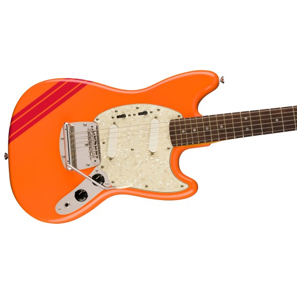 Squier FSR Classic Vibe '60s Competition Mustang, Laurel Fingerboard, Parchment Pickguard, Capri Orange with Dakota Red Stripes