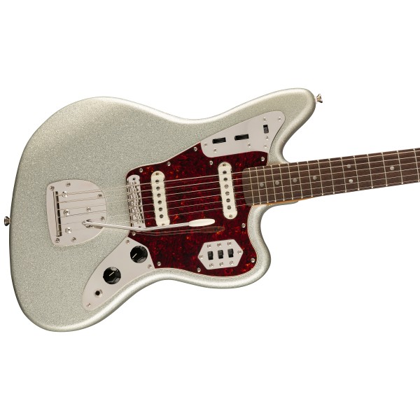 Squier FSR Classic Vibe '60s Jaguar, Laurel Fingerboard, Tortoiseshell Pickguard, Matching Headstock, Silver Sparkle