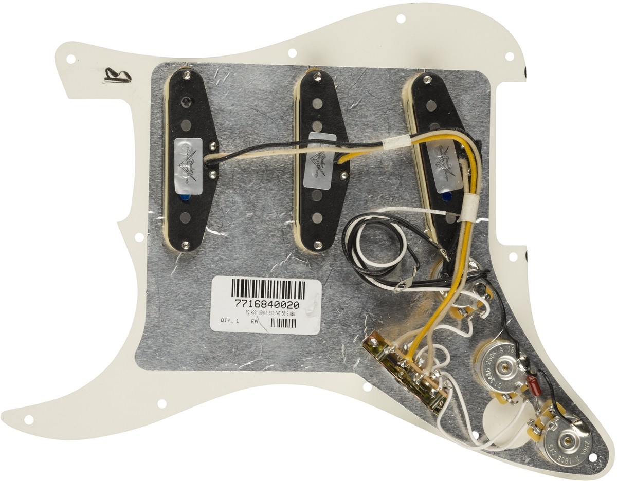 Fender Pre-Wired Strat Pickguard, Custom Shop Fat 50's SSS, Parchment 11 Hole PG