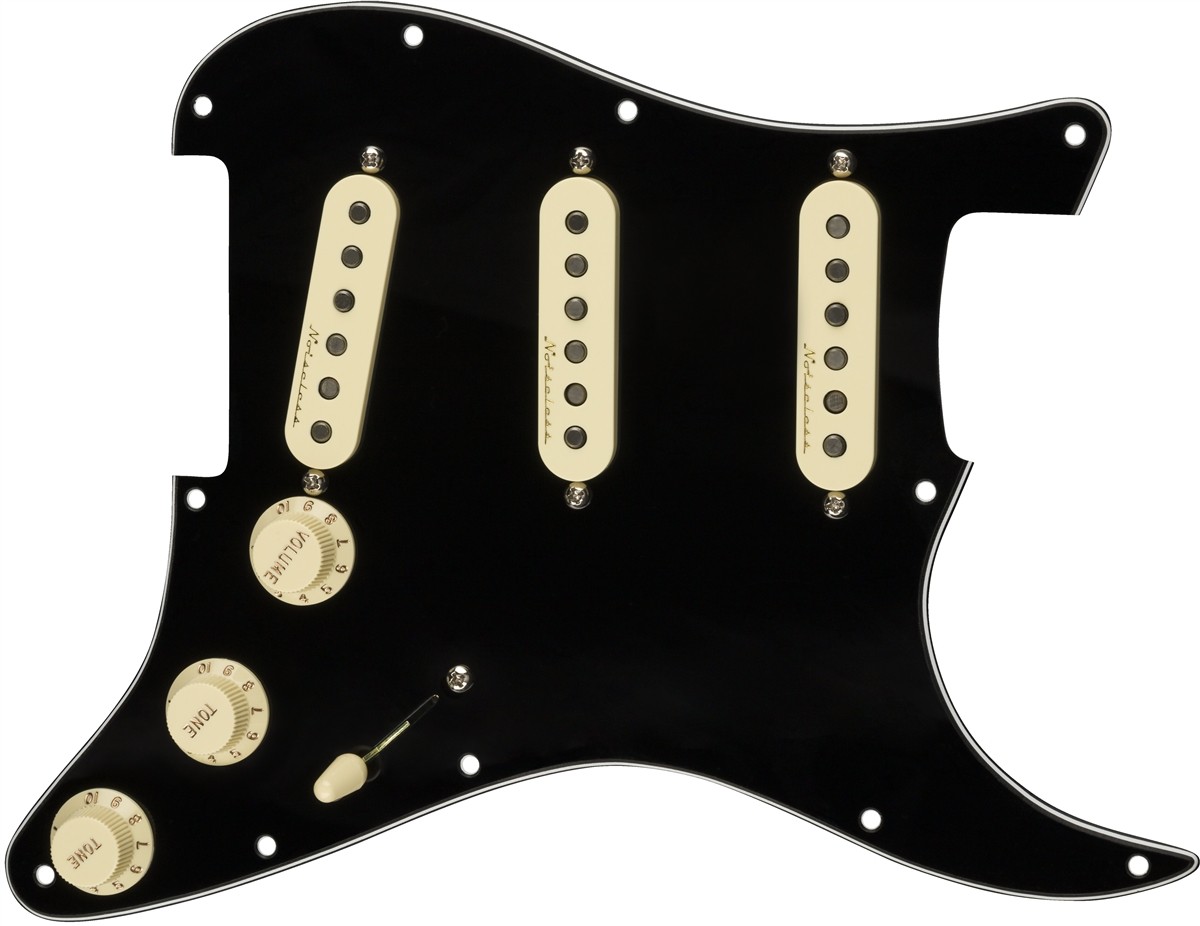Fender Pre-Wired Strat Pickguard, Vintage Noiseless SSS, Black 11 Hole PG