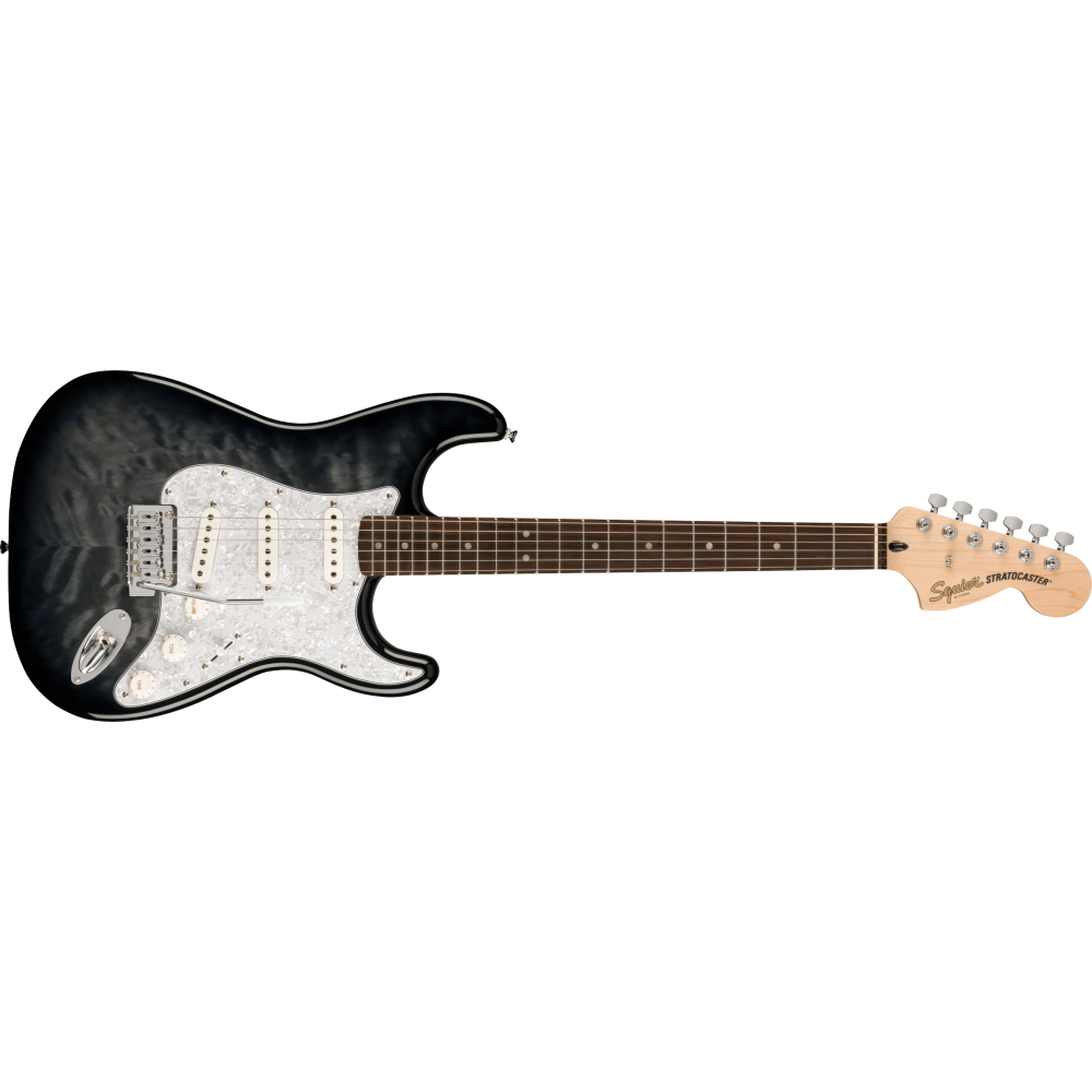 Squier FSR Affinity Series Stratocaster QMT, Laurel Fingerboard, White Pearloid Pickguard, Black Burst