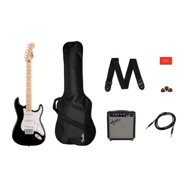 FENDER Squier Sonic Stratocaster Pack MN Black - PACK CON CHITARRA ELETTRICA NERA, AMPLIFICATORE, CUSTODIA, TRACOLLA E PETTRI